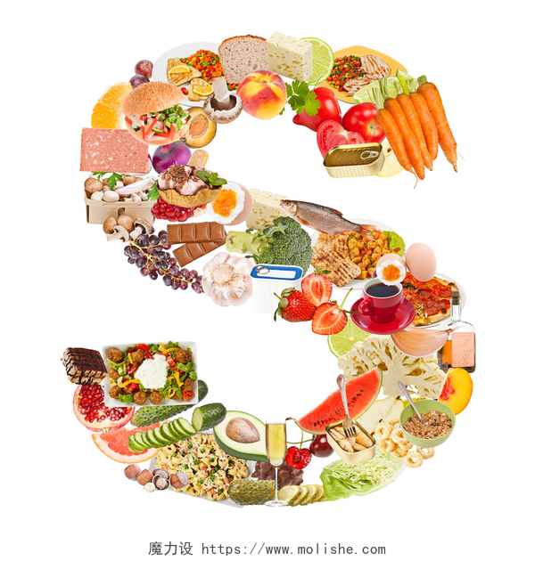 白色背景下由食物组成的字母S字母 s 所作的食物